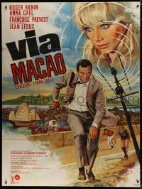 9j986 VIA MACAU French 1p 1966 Jean Mascii art of Roger Hanin & pretty blonde Anna Gael!