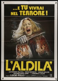 9j274 BEYOND Italian 1p 1981 Lucio Fulci, disturbing Sciotti art of girl getting throat slashed!
