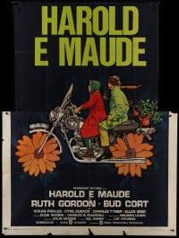 9j526 HAROLD & MAUDE Italian 2p 1974 great art of Ruth Gordon & Bud Cort on flower motorcycle!