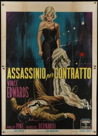 9j549 MURDER BY CONTRACT Italian 2p 1959 Symeoni art of sexy blonde with gun over man she shot!