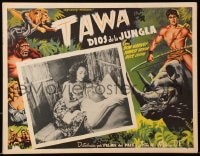9j659 FORBIDDEN JUNGLE Mexican LC 1950 sexy Alyce Lewis tends to wounded Don Harvey in grass hut!