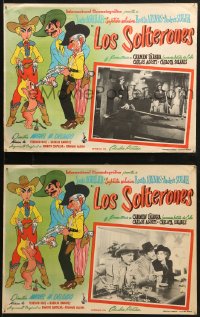 9j589 LOS SOLTERONES 8 Mexican LCs 1953 wacky cartoon border art of cowboys pointing guns at baby!