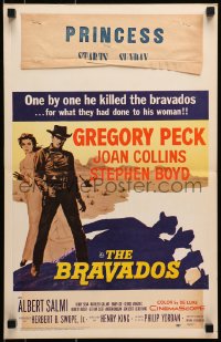 9j048 BRAVADOS WC 1958 full-length art of cowboy Gregory Peck with gun & sexy Joan Collins!