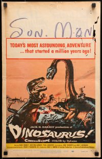9j081 DINOSAURUS WC 1960 great artwork of battling prehistoric T-rex & brontosaurus monsters!