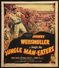 9j145 JUNGLE MAN-EATERS WC 1954 Cravath art of Johnny Weissmuller as Jungle Jim vs cannibals!