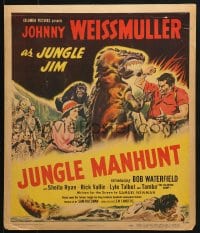 9j146 JUNGLE MANHUNT WC 1951 art of Johnny Weissmuller as Jungle Jim fighting dinosaur, rare!