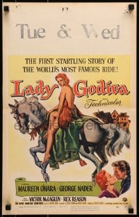 9j155 LADY GODIVA WC 1955 artwork of super sexy naked Maureen O'Hara on horseback!