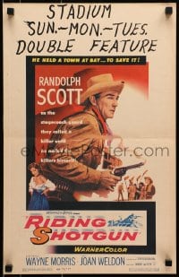 9j205 RIDING SHOTGUN WC 1954 great image of cowboy Randolph Scott with smoking gun!
