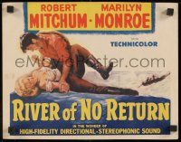 9j208 RIVER OF NO RETURN WC 1954 great artwork of Robert Mitchum holding down sexy Marilyn Monroe!