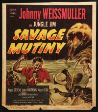 9j213 SAVAGE MUTINY WC 1953 art of Johnny Weissmuller as Jungle Jim fighting island natives!