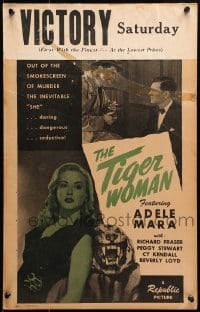 9j246 TIGER WOMAN WC 1945 Adele Mara, who is daring, dangerous & seductive stands by tiger head!