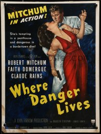 9j256 WHERE DANGER LIVES WC 1950 classic Zamparelli art of Robert Mitchum & Faith Domergue, rare!