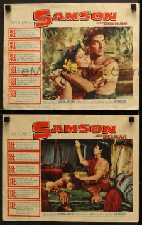 9k948 SAMSON & DELILAH 2 LCs R1959 art of Victor Mature, Cecil B. DeMille Biblical classic!