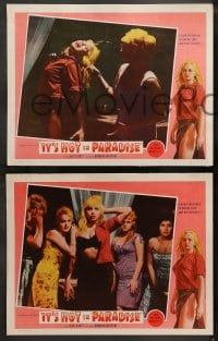 9k773 IT'S HOT IN PARADISE 3 LCs 1962 with c/u of sexy blondes tearing off clothes in vicious catfight!
