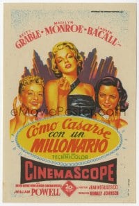 9m233 HOW TO MARRY A MILLIONAIRE Spanish herald 1954 Soligo art of Marilyn Monroe, Grable & Bacall!
