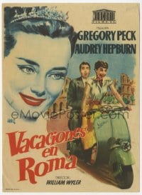 9m391 ROMAN HOLIDAY Spanish herald R1950s Jano art of Audrey Hepburn & Gregory Peck on Vespa!