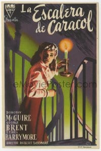 9m431 SPIRAL STAIRCASE Spanish herald 1947 art of scared Dorothy McGuire holding candle on stairs!