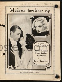 9m981 TROUBLE IN PARADISE Danish program 1933 Herbert Marshall, Kay Francis & Miriam Hopkins, rare!