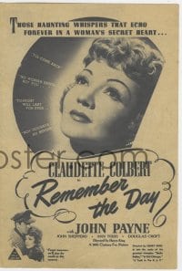 9m005 REMEMBER THE DAY Australian herald 1943 full-length pretty Claudette Colbert & held by John Payne!