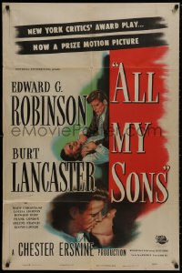9p060 ALL MY SONS 1sh 1948 art of Burt Lancaster choking Edward G. Robinson & kissing pretty girl!