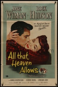 9p061 ALL THAT HEAVEN ALLOWS 1sh 1955 close up romantic art of Rock Hudson kissing Jane Wyman!