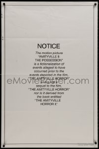9p068 AMITYVILLE II teaser 1sh 1982 The Possession, special notice, looks like legal trouble!