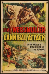 9p146 CANNIBAL ATTACK 1sh 1954 cool art of Johnny Weissmuller w/knife, fighting alligators!