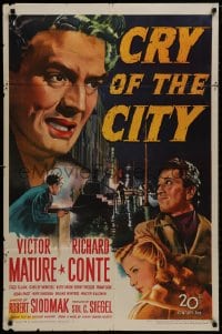 9p188 CRY OF THE CITY 1sh 1948 film noir, cool c/u of Victor Mature, Richard Conte, Shelley Winters