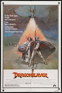 9p236 DRAGONSLAYER 1sh 1981 cool Jeff Jones fantasy artwork of Peter MacNicol w/spear & dragon!