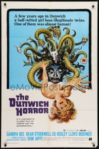 9p239 DUNWICH HORROR 1sh 1970 AIP, art of multi-headed monster attacking woman by Reynold Brown!