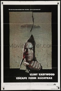 9p258 ESCAPE FROM ALCATRAZ 1sh 1979 cool artwork of Clint Eastwood busting out by Lettick!