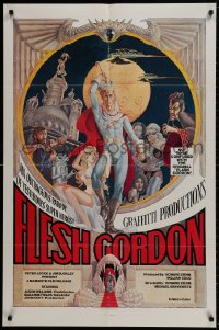9p279 FLESH GORDON 1sh 1974 sexy sci-fi spoof, wacky erotic super hero art by George Barr!