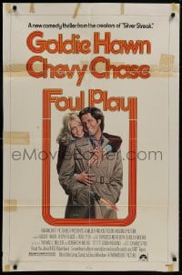 9p293 FOUL PLAY 1sh 1978 wacky Lettick art of Goldie Hawn & Chevy Chase, screwball comedy!