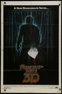 9p301 FRIDAY THE 13th PART 3 - 3D 1sh 1982 slasher sequel, art of Jason stabbing through shower!