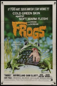9p303 FROGS 1sh 1972 great horror art of man-eating amphibian with human hand hanging from mouth!