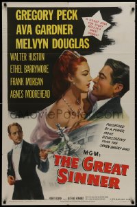 9p345 GREAT SINNER 1sh 1949 art of compulsive gambler Gregory Peck & sexy Ava Gardner!