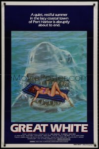 9p347 GREAT WHITE style A 1sh 1982 great artwork of huge shark attacking girl in bikini on raft!