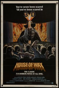 9p394 HOUSE OF WAX 1sh R1981 3-D, great artwork of Vincent Price with candle over audience!