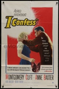 9p399 I CONFESS 1sh 1953 Alfred Hitchcock, art of Montgomery Clift grabbing Anne Baxter!
