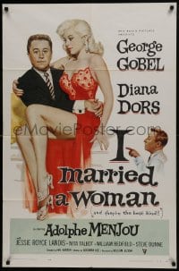 9p401 I MARRIED A WOMAN 1sh 1958 artwork of sexiest Diana Dors sitting in George Gobel's lap!