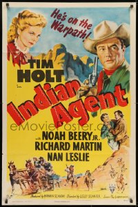 9p413 INDIAN AGENT style A 1sh 1948 art of pretty Nan Leslie & Tim Holt, who is on the warpath!