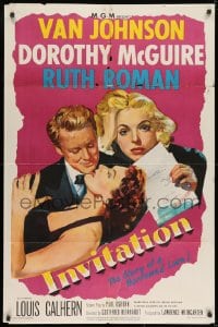 9p423 INVITATION 1sh 1952 Van Johnson, Dorothy McGuire, Ruth Roman, story of a borrowed love!