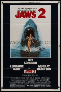 9p437 JAWS 2 1sh 1978 great classic art of giant shark attacking girl on water skis by Lou Feck!