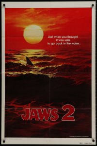 9p438 JAWS 2 teaser 1sh 1978 art of man-eating shark's fin in red water at sunset, undated design!