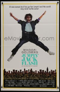 9p450 JUMPIN' JACK FLASH 1sh 1986 image of Whoopi Goldberg, Kane, Marshall, jumping over city!