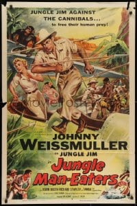 9p452 JUNGLE MAN-EATERS 1sh 1954 Cravath art of Johnny Weissmuller as Jungle Jim vs cannibals!