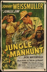 9p453 JUNGLE MANHUNT 1sh 1951 Weissmuller as Jungle Jim, Ryan, Tamba, Glenn Cravath art!