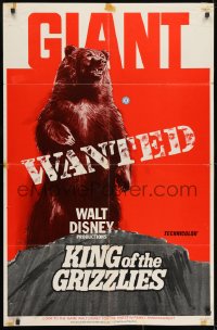 9p470 KING OF THE GRIZZLIES teaser 1sh 1970 Disney, great artwork of giant bear on wanted poster!