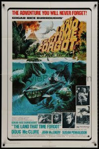 9p485 LAND THAT TIME FORGOT 1sh 1975 Edgar Rice Burroughs, cool George Akimoto dinosaur art!