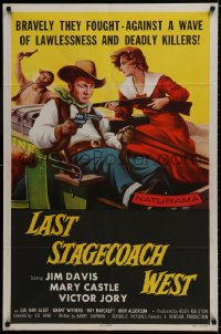 9p493 LAST STAGECOACH WEST 1sh 1957 art of Jim Davis & Mary Castle w/guns on runaway stagecoach!